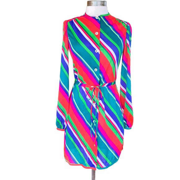 Vintage Vasserette Robe CoverUp Lounge Dress Nylon Small Rainbow Stripe ButtonUp
